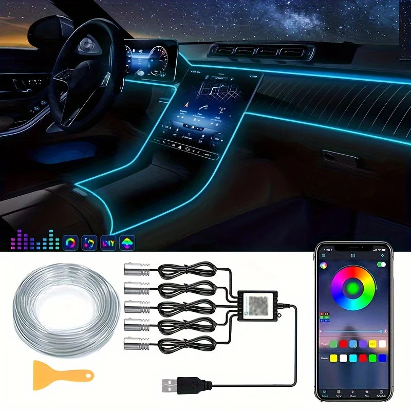 Fita de Luz Flexível RGB com Controlo por App – Iluminação Ambiente para Carro